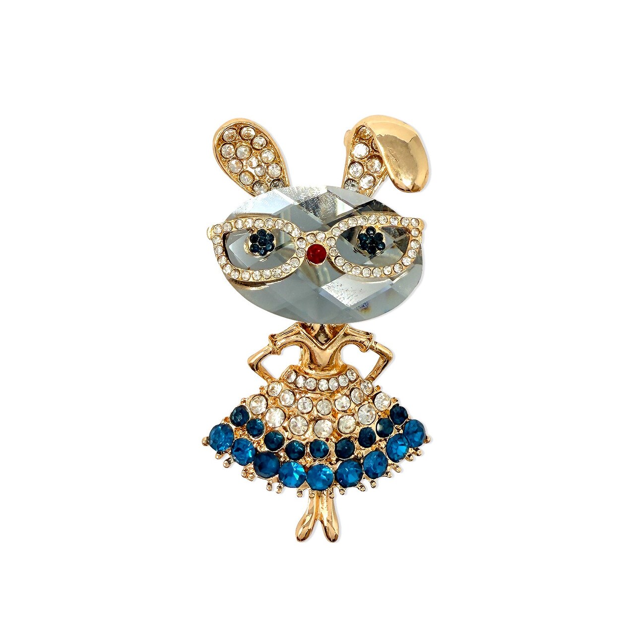 Wrapables Vintage Crystal Rhinestone Rabbit with Glasses and Skirt Brooch Pin, Blue Gold